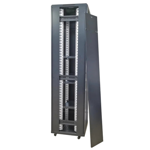 48U Server Rack Cabinet With Vented Top Cover And Two Adjustable Shelves For Networking Gear in dark steel finish, showcasing interior shelves.
