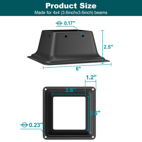 Diagram of Beefy Heavy Duty 4x4 Post Base Set showing dimensions of internal 3.6 x 3.6 inch steel deck brackets.