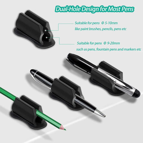 Adhesive Wall Pen Holder 6 Pack Silicone Pencil Marker Stylus Organizer Dual Hole Design shown holding pens and pencils.