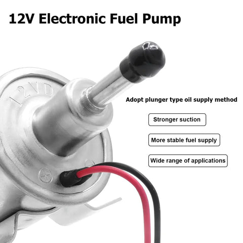 Close-up view of 12V Heavy Duty Inline Fuel Pump For Lawn Mowers And Cars Universal Low Pressure Transfer Pump For Gas And Diesel Engines Built From Copper Clad Aluminum Corrosion Resistant Durable Performance Ready Silver Finish with wires.