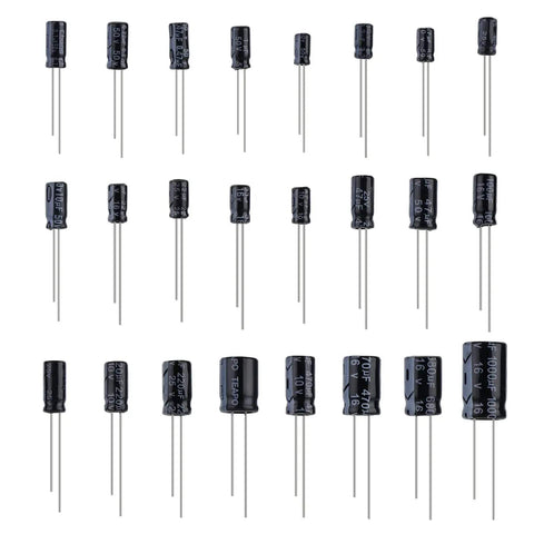 Assorted capacitors from Massive 500Pcs Aluminum Electrolytic Capacitor Kit With 24 Value Range From 0.1uF To 1000uF And 10V 16V 25V 50V