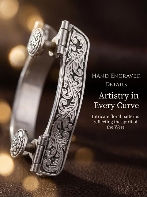 Hand-engraved stainless steel spur from Cowboy Spurs Set With 6 Hole Belt Rotatable Gear for equestrian riding.