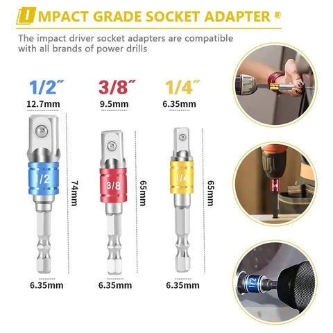 Impact grade socket adapters in 1/2, 3/8, 1/4 inch sizes, compatible with power drills, part of Crazy Handy Flexible Drill Bit Extension set.