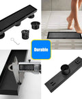 Collage of 26 Inch Linear Shower Drain With Removable 2 In 1 Cover Tile Insert Grate Rectangle Shower Floor Drain SUS304 Stainless Steel Matte Black Easy Installation Includes Accessories images showcasing its components and installation.