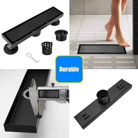 Collage of 26 Inch Linear Shower Drain With Removable 2 In 1 Cover Tile Insert Grate Rectangle Shower Floor Drain SUS304 Stainless Steel Matte Black Easy Installation Includes Accessories images showcasing its components and installation.