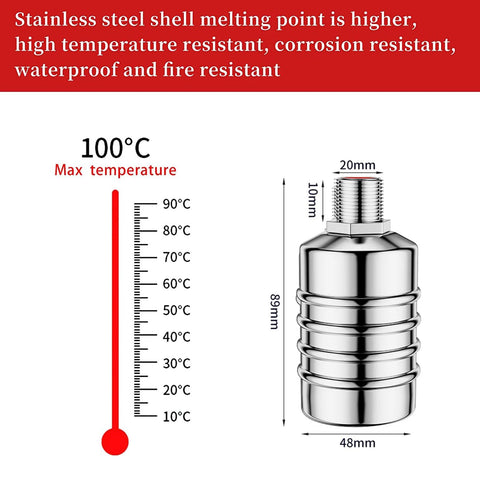 Auto water level float valve, stainless steel, 20mm thread, 89mm tall, 48mm diameter
