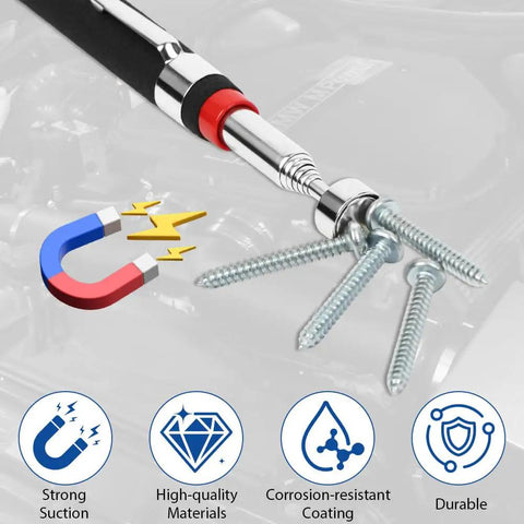 Close-up of Six Piece Telescopic Magnetic Pick Up Tool Set With Non Slip Handles Extendable Wands holding metal screws