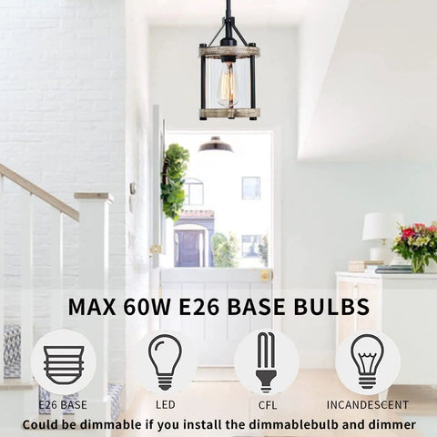 Farmhouse Rustic Pendant Light With Wood And Metal Cage Glass Shade, 43 Inch Adjustable Hanging Light For Kitchen Island Foyer And Hallway, On Point For Flat Or Sloped Ceilings, 2 Pack
