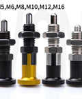 Dead Nuts Heavy Duty Indexing Plungers with Smooth Aluminum Knobs in M5, M8, M10 sizes for jig mounting.