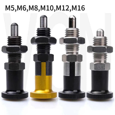 Dead Nuts Heavy Duty Indexing Plungers with Smooth Aluminum Knobs in M5, M8, M10 sizes for jig mounting.