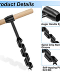 Heavy Duty Hand Auger Wood Drill with Scotch Eye Design for Survival Bushcraft, showing auger handle, spiral grooves, and pilot drill bit.