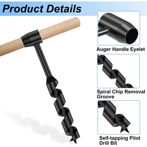 Heavy Duty Hand Auger Wood Drill with Scotch Eye Design for Survival Bushcraft, showing auger handle, spiral grooves, and pilot drill bit.