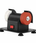 Solid Compact Corded Electric Bench Grinder Tool Polisher Cutter With Dual Wheel Setup, black body with red and white wheels.