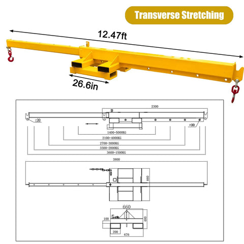Top Tier Badass 5 Ton 11000 Lb Bidirectional Adjustable Crane Boom Forklift Attachment 12.47ft yellow jib for lifting.