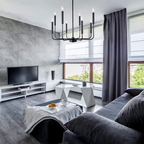 Eight Light Modern Farmhouse Black Chandelier For Dining Room And Living Areas Matte Black Candle Style Ceiling Fixture in living room.