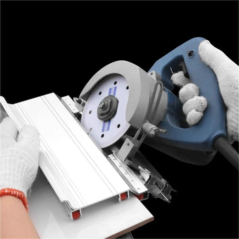 Straight Up Heavy Duty Chamfer Frame Miter Saw Jig For 45 Degree Ceramic Tile Trimming shown in use, cutting tile with precision.