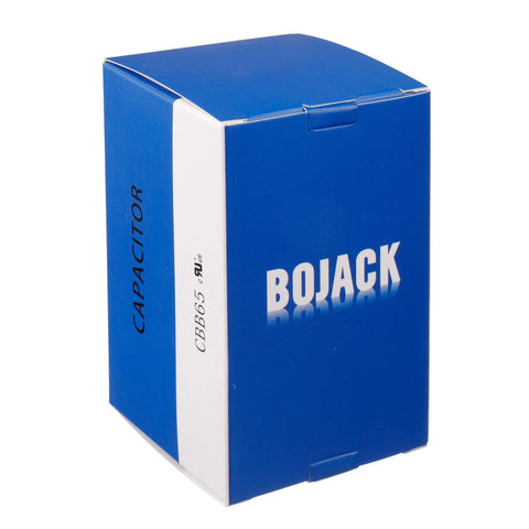 50 Plus 7.5uF Dual Run Circular Start Capacitor packaging box, blue with Bojack branding for AC motors fans condensers heat pumps