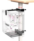 Heavy Duty Under Desk PC Mount No Drill Table Clamp showing adjustable clamp dimensions for secure PC tower support.
