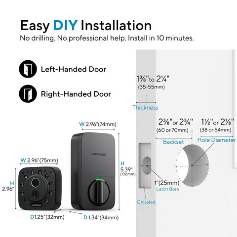 Rock Solid Fingerprint Wifi Smart Lock With Apple Home Integration installation guide showing left and right-handed door options.