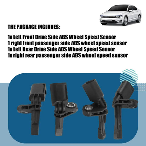 4 Pack ABS Wheel Speed Sensor Front And Rear Left Right Compatible With Volkswagen Beetle Passat Jetta OEM Wht003856 Wht003857 showing included sensors.