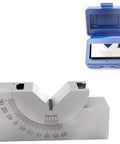 Preamer AP25 adjustable micro angle gauge with 0–60° protractor V-block; silver metal, blue storage case