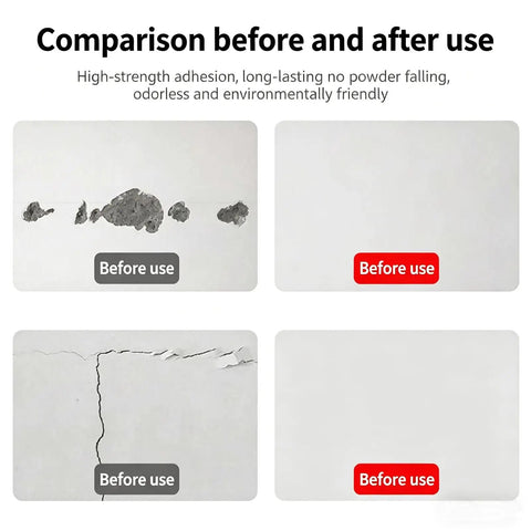 Before and after comparison using No Mess All In One Drywall Repair Kit With Scraper And Sandpaper, 250g White Wall Repair Paste.