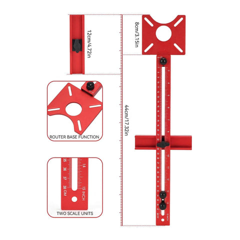 4 In 1 Router Milling Groove Bracket For Woodworking With Aluminum Alloy Circle Cutting Jig, showing measurement details