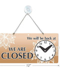 We Are Open Or Closed Clock Sign 6x12 Inches With Be Back At Tough Double Sided Laminated Plastic Suction Cup And Beaded Chain Adjustable Hanging Sign For Stores Shops And Salons showing "We Are Closed" and clock.