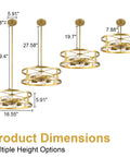 Gold 4 Light Modern Chandelier Pendant Hanging Light Fixture showing dimensions and adjustable rod heights.
