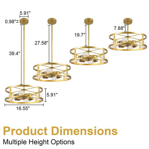 Gold 4 Light Modern Chandelier Pendant Hanging Light Fixture showing dimensions and adjustable rod heights.