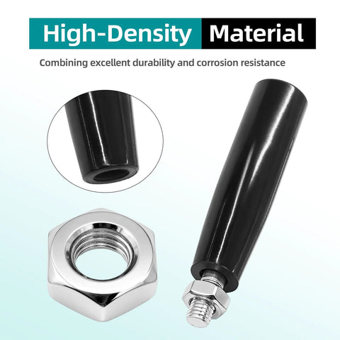 Close-up of Revolving Crank Handle Latche M10 Trailer Jack Replacement Two Piece With Nuts For Marine Machinery, black handle, stainless steel nut.