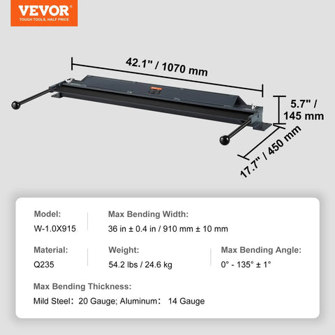VEVOR 36-in box-and-pan brake with hand crank, side view; sheet-metal bending tool for 20ga steel and 14ga aluminum