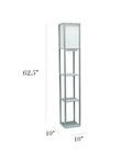 Gray Etagere Floor Lamp With 3 Shelves, 2 USB Ports, 1 Charging Outlet, Linen Shade shown in dimensions 62.5x10x10 inches