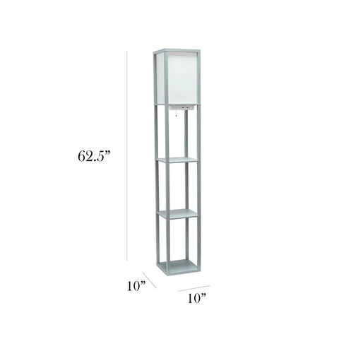 Gray Etagere Floor Lamp With 3 Shelves, 2 USB Ports, 1 Charging Outlet, Linen Shade shown in dimensions 62.5x10x10 inches