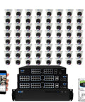 Heavy Duty 64 Channel 4K Security Camera System With 64 8MP Poe Turret Cameras, NVR kit and smartphone app for surveillance setup.