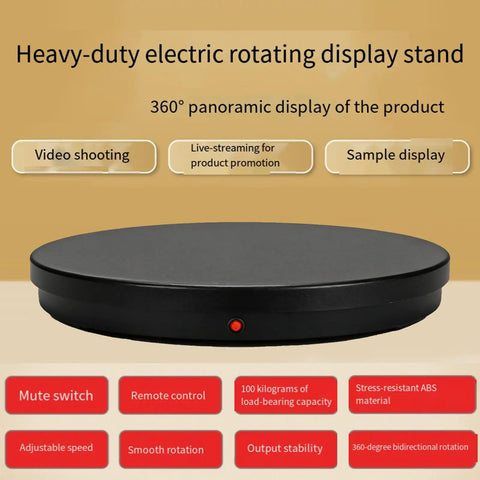 Heavy Duty 24 Inch Motorized Electric Turntable Stand With Remote Control, showcasing a black rotating platform for 360 degree viewing.