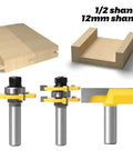 Must Have 3PC Tongue Groove Router Bit Set With Dual Shank Options for cutting perfect joints, showcasing 1/2 shank and 12mm shank bits.