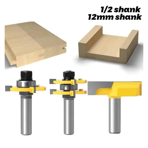 Must Have 3PC Tongue Groove Router Bit Set With Dual Shank Options for cutting perfect joints, showcasing 1/2 shank and 12mm shank bits.