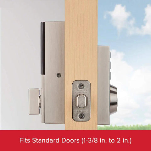 Side view of Smart Lock With Keypad Electronic Deadbolt And SmartKey Security in Satin Nickel on door lock mechanism.