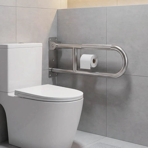 Flip Up Toilet Grab Bar With Built In Tissue Holder And Non Slip Knurled Grips Solid Bathroom Safety Rail Heavy Duty Support for easy access next to toilet.