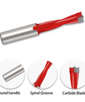 Angled side view of TavRav wood drill bit set, 2-pack, 3 mm carbide-tipped bits with round shank and red spiral flutes