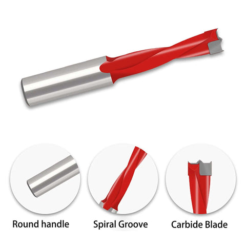 Angled side view of TavRav wood drill bit set, 2-pack, 3 mm carbide-tipped bits with round shank and red spiral flutes