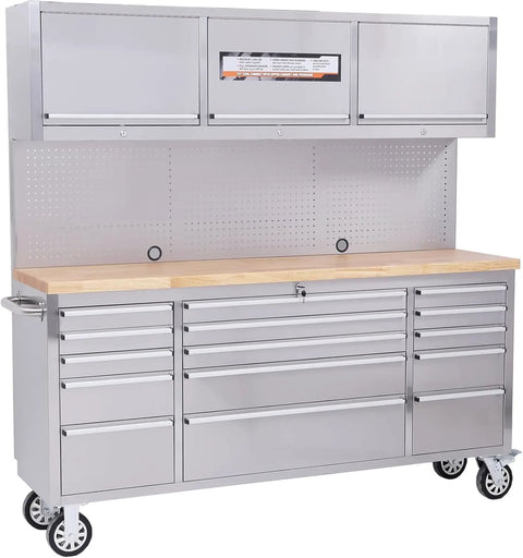 Heavy Duty 61 Inch Tool Chest Cabinet With 15 Drawers, Mobile Garage Workbench, Rubber Wood Top, Power Strip, 1675 Lbs Capacity