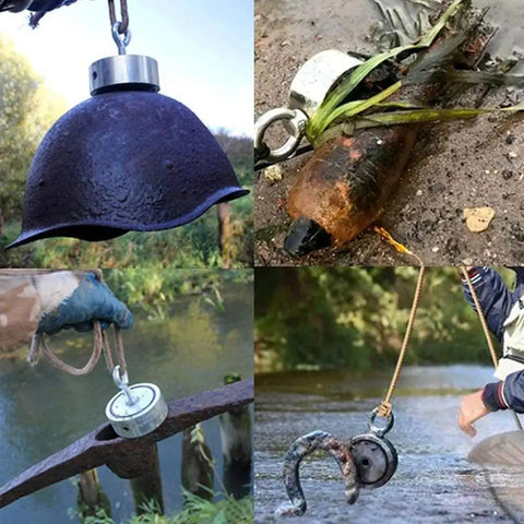 Magnet fishing in action with 1000 Lbs Magnet Fishing Kit With Case For Men Gift Set, retrieving metal objects from water