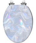 Elongated Resin Toilet Seat for Bathroom, glossy white finish, features chrome hinges, suitable for elongated toilets.