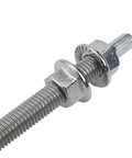 Close-up of M10 Hanger Bolts For Solar Panels With EPDM Seal And Locking Nut A2 Stainless Steel, threaded end detail.