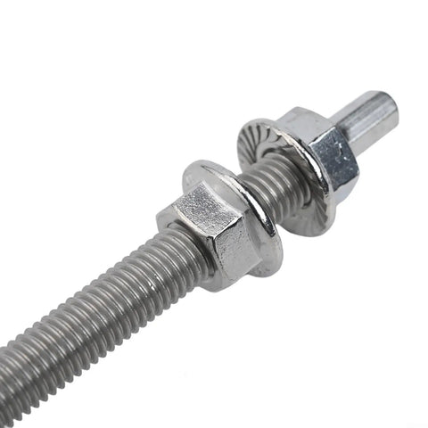 Close-up of M10 Hanger Bolts For Solar Panels With EPDM Seal And Locking Nut A2 Stainless Steel, threaded end detail.