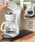 Sliding Tray Mat For Heavy Countertop Appliances No More Lifting Move Coffee Makers, Blenders, Air Fryers, Stand Mixers And Food Processors With Ease Under Cabinet Sliding Caddy For Kitchen Countertop Organization showing coffee maker on tray