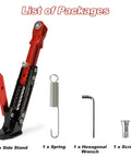 Universal Adjustable Aluminum Alloy Motorcycle Kickstand For Electric Scooters And Dirt Bikes Red Lightweight Durable Stand Built For Most Bikes With Over 7 Inches Ground Clearance Easy Install And Reliable Side Stand with hexagonal wrench, spring, and screw.
