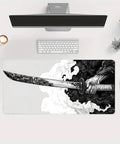Extended Gaming Mouse Pad Large Desk Mat for Laptop and Keyboard Non Slip Rubber Base with Stitched Edges Waterproof Surface Ultra Wide 11.8 x 31.5 Inches Home Office and Gaming Setup featuring a sword graphic design.